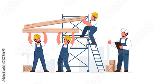 Construction workers carrying beams on a building site, teamwork and planning.