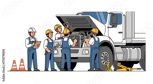 Mechanics working on a large truck engine, highlighting teamwork and vehicle repair