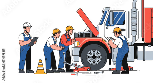 A group of mechanics are repairing a semi-truck with the hood open, using tools, and one is taking notes on a clipboard.