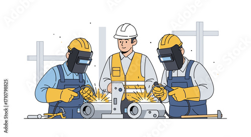 Two welders wearing protective gear work on metal pieces while a supervisor in a vest and hardhat oversees the construction project.