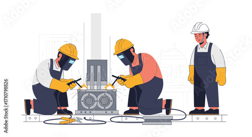 Two workers welding a metal structure while a supervisor observes, all wearing protective gear in a factory setting.