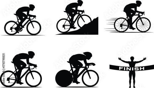 Silhouettes of Cyclists Riding, Racing, Climbing Hills and Winning Race, Vector Icons for Biking Competition, Sport, and Fitness Concepts