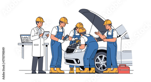 Automotive technicians working on a car in a repair shop.