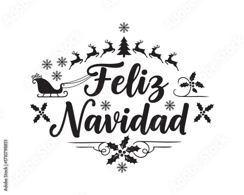Feliz Navidad text with reindeer sleigh and snowflakes
