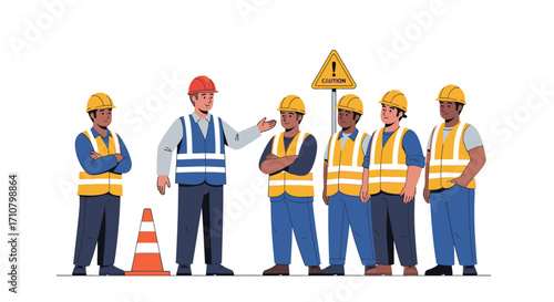Construction workers in safety briefing, with a supervisor explaining safety precautions.