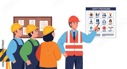 Construction workers attending a safety briefing, learning safety procedures from a supervisor.