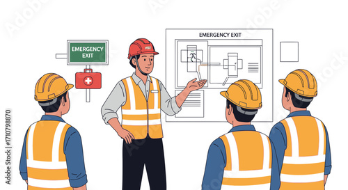 Construction workers receiving safety training on a building plan.