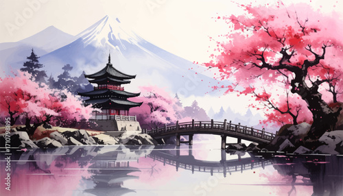 Cherry blossoms with majestic mountain backdrop. Sakura trees by serene pond. Japanese springtime scene with bridge. Beautiful cherry blossoms over tranquil river. Scenic of sakura flowers near water