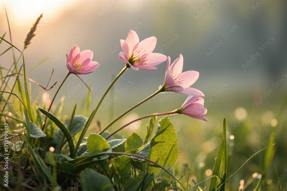 Fototapeta premium Delicate Pink Flowers Blooming in Morning Sunlight on a Grassy Field