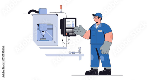 Professional technician in a factory setting operating a modern CNC machine. Flat vector illustration representing smart manufacturing and industrial automation