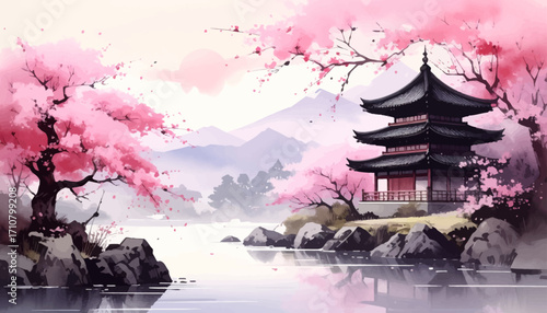 Springtime sakura trees with mountains. Japanese architecture with cherry blossoms. Elegant sakura landscape. Mountain lake with sakura tree beauty. Pastel pink sakura with traditional building