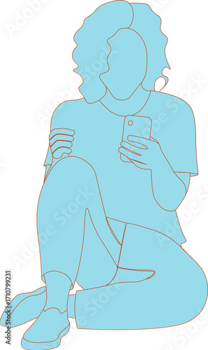 mujer sentada con teléfono móvil - silueta vectorial minimalista - fondo transparente - png