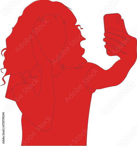 silueta de mujer tomándose una selfie con teléfono móvil - ilustración vectorial minimalista, fondo transparente, png.