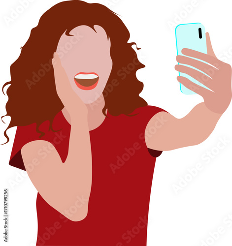 mujer feliz tomándose una selfie con teléfono móvil - ilustración vectorial, fondo transparente, png.