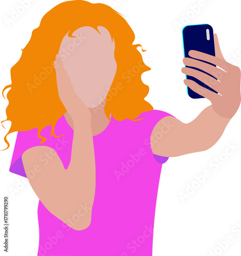 mujer tomándose una selfie con teléfono móvil - ilustración vectorial, fondo transparente, png.
