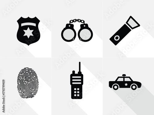 Law enforcement icons set featuring police badge handcuffs flashlight fingerprint radio and patrol car