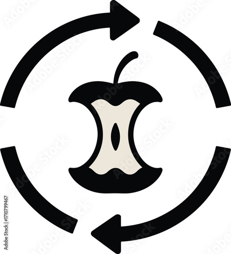 Circular recycling symbol surrounding an apple core for sustainable food waste management