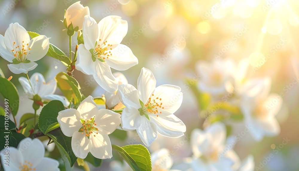 Obraz premium Delicate white blossoms of an tree bathed in golden sunlight, showcasing the beauty of spring.
