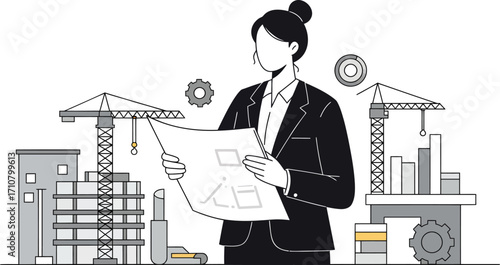 Woman Architect Inspecting Building Plans Near Construction Site