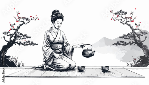 Traditional Japanese tea ceremony in art. Elegant tea pouring. Graceful woman in kimono pouring tea art. Serene tea moment in Japanese landscape. Timeless beauty in Japanese tea tradition