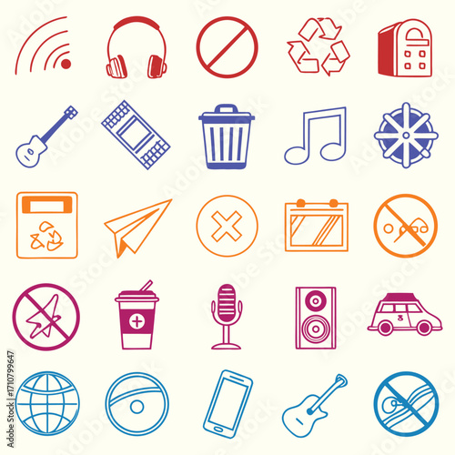 Colorful line multimedia and technology icons set. Vector symbols for modern apps, web, and digital design. Ideal for UI, communication, and creative projects.