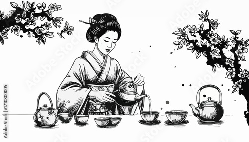 Woman serving tea in classic black and white. Traditional tea pouring ceremony with floral. Zen tea pouring artwork with delicate style. Minimalist tea art with nature detail. Serene woman pouring tea