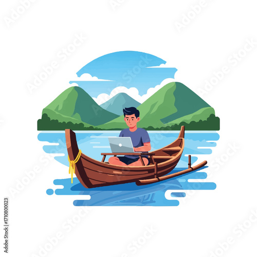 A man works on a laptop while sitting in a traditional wooden boat on a serene lake with a mountain range in the background under a partly cloudy sky, using a crayon.