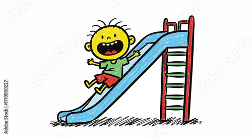 A cheerful cartoon boy with a big smile slides down a blue playground slide with red ladder and railings on a white background with crayon-drawn lines.