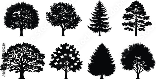 Tree silhouettes, forest shapes, botanical diversity, nature icons, foliage patterns, landscape design, ecology study, plant forms, seasonal trees, environmental illustration