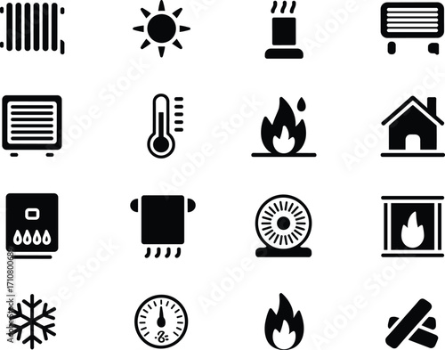 Heating icons set collection of 16 symbols for home climate control and energy concepts