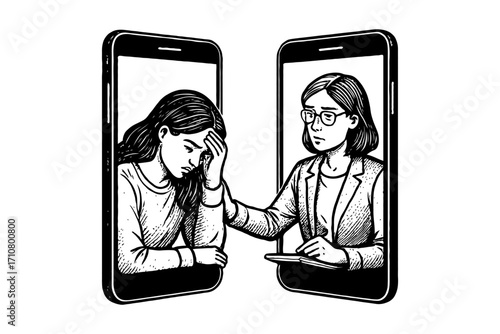 Two women communicating through smartphones, one giving emotional support to the other, in black and white sketch style, concept of virtual therapy, online therapy and mental health help