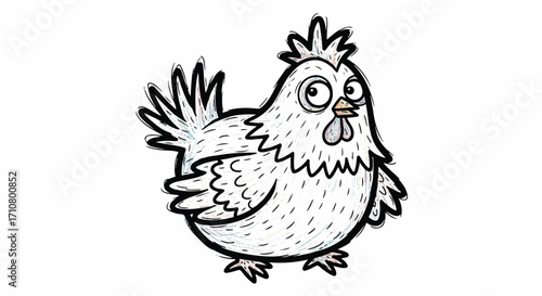 A black and white illustration of a cartoon chicken with a crayon drawing style on a plain white background.
