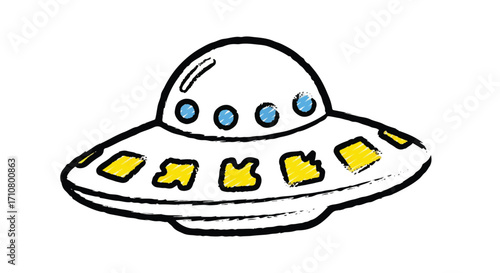 A crayon-drawn illustration of a white UFO with yellow details and blue windows on a plain white background.