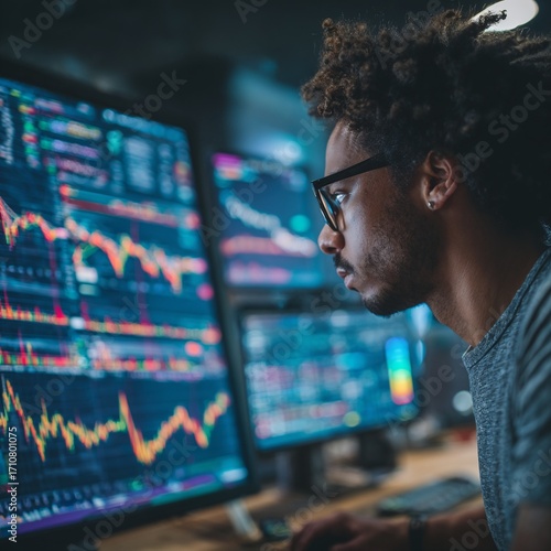 Focused man analyzing stock market data on multiple screens