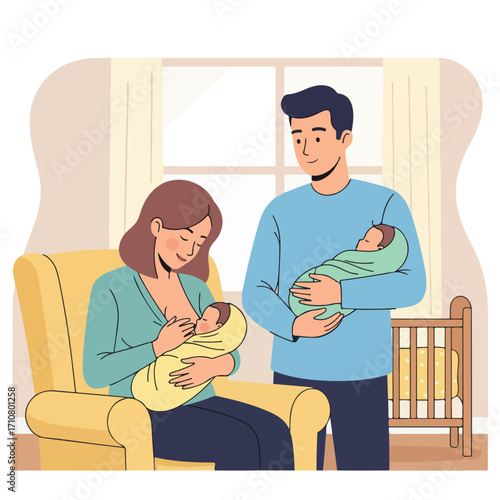Flat illustration of a warm family moment: a mother breastfeeds one twin while the father holds the other. Depicts happy parents nurturing newborns.
