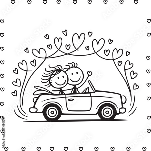 Couple's Love Ride: A hand-drawn illustration of a smiling couple joyfully driving in a classic car, surrounded by whimsical hearts that symbolize love and happiness.