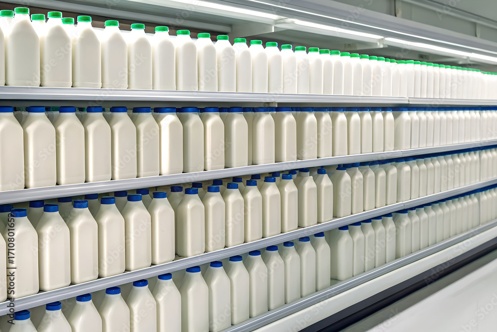 Obraz premium Rows of milk bottles on shelves isolated on white background
