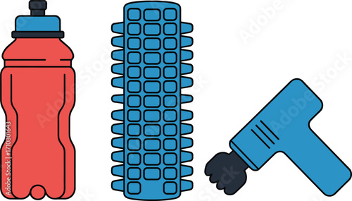 Fitness and recovery gear water bottle foam roller massage gun isolated on white