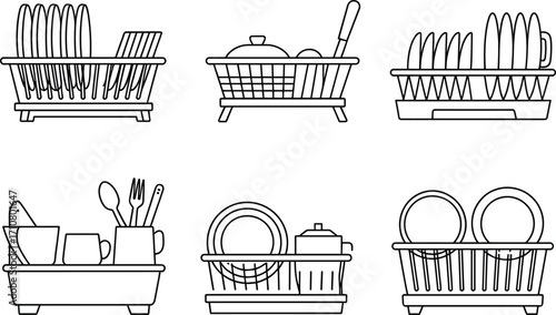 Collection of six different dish drying racks with kitchen utensils and plates artistic sketch