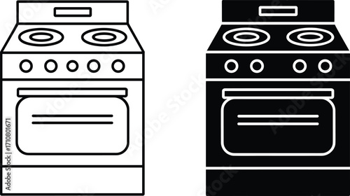 Modern kitchen stove top oven line art and silhouette set for design