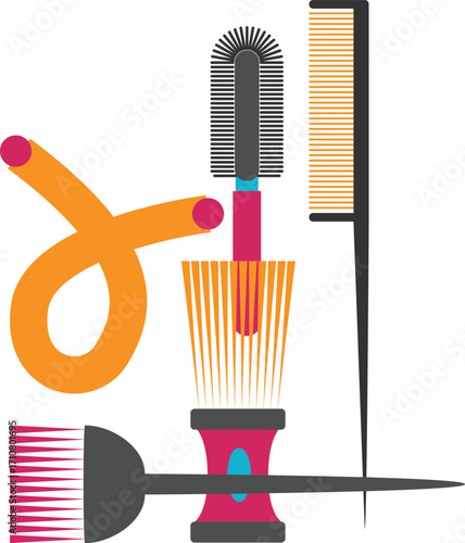Colorful Hair Styling Tools Set: Combs, Mirrors, Dryer, Straightener, and Accessories for Salon or Home