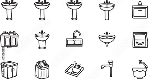 Vector EPS bundle featuring multiple wash basin designs such as pedestal, wall-mounted, round, square, and luxury sinks. Ideal for bathroom renovation, sanitary ware catalogs, and plumbing fixture des