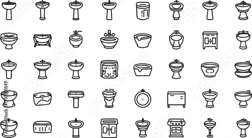 Vector EPS bundle featuring multiple wash basin designs such as pedestal, wall-mounted, round, square, and luxury sinks. Ideal for bathroom renovation, sanitary ware catalogs, and plumbing fixture des