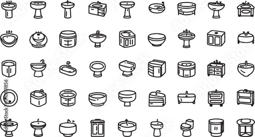Vector EPS bundle featuring multiple wash basin designs such as pedestal, wall-mounted, round, square, and luxury sinks. Ideal for bathroom renovation, sanitary ware catalogs, and plumbing fixture des