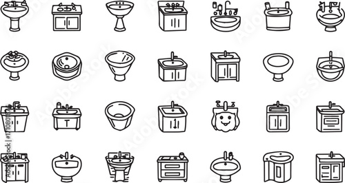 Vector EPS bundle featuring multiple wash basin designs such as pedestal, wall-mounted, round, square, and luxury sinks. Ideal for bathroom renovation, sanitary ware catalogs, and plumbing fixture des