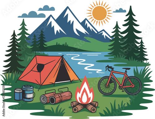 Camping and Hiking Icon Set | Outdoor Adventure Vector Silhouette | Travel, Fishing, RV, Tent, Campfire, Backpack Icons