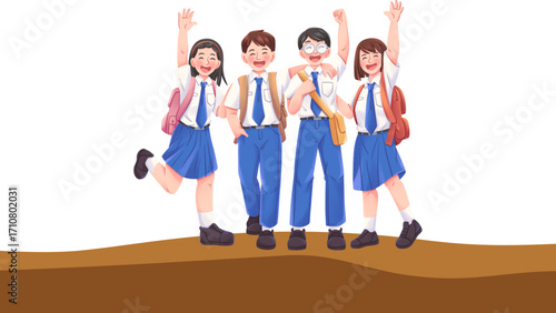 a group of school children waving