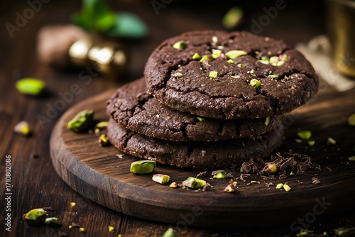 Delicious chocolate cookies with pistachios on dark wooden boards. Ideal for recipe books, menu and culinary websites or blogs