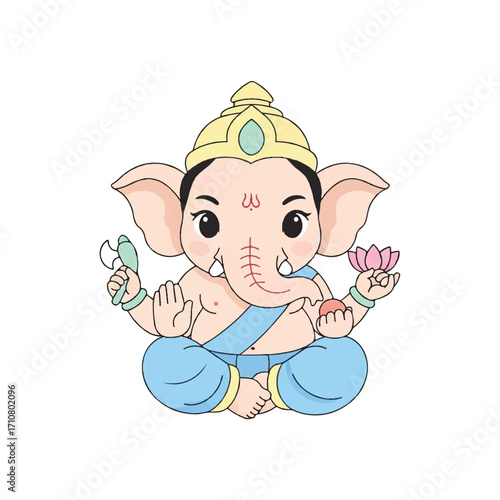 Cartoon illustration of a meditating Ganesha statue with a serene expression, adorned in blue attire and gold jewelry, holding a pink lotus flower and a crayon against a plain white