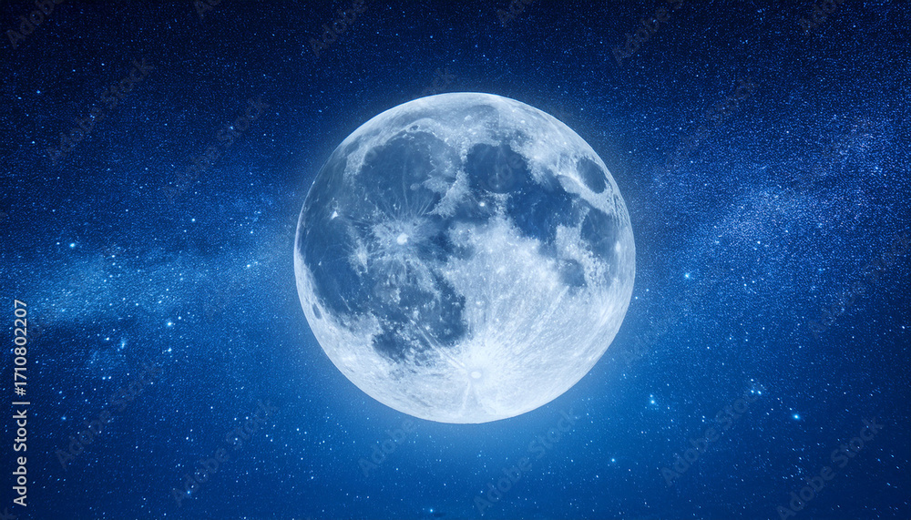 Fototapeta premium Illuminated Full Moon In A Starry Night Sky With Deep Blue Background And Cosmic Atmosphere